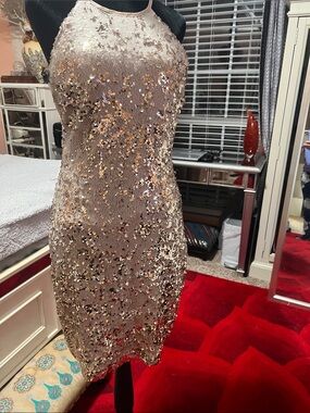 Sparkling Sequin Halter Mini Dress in Rose Gold